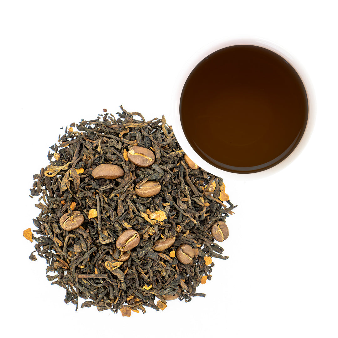 Roasted Coffee Pu-erh Tea leaf and brewed tea